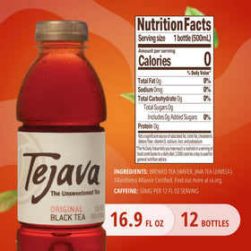 Tejava Original Black Tea bottle back label, showing non-GMO and Rainforest Alliance certifications.