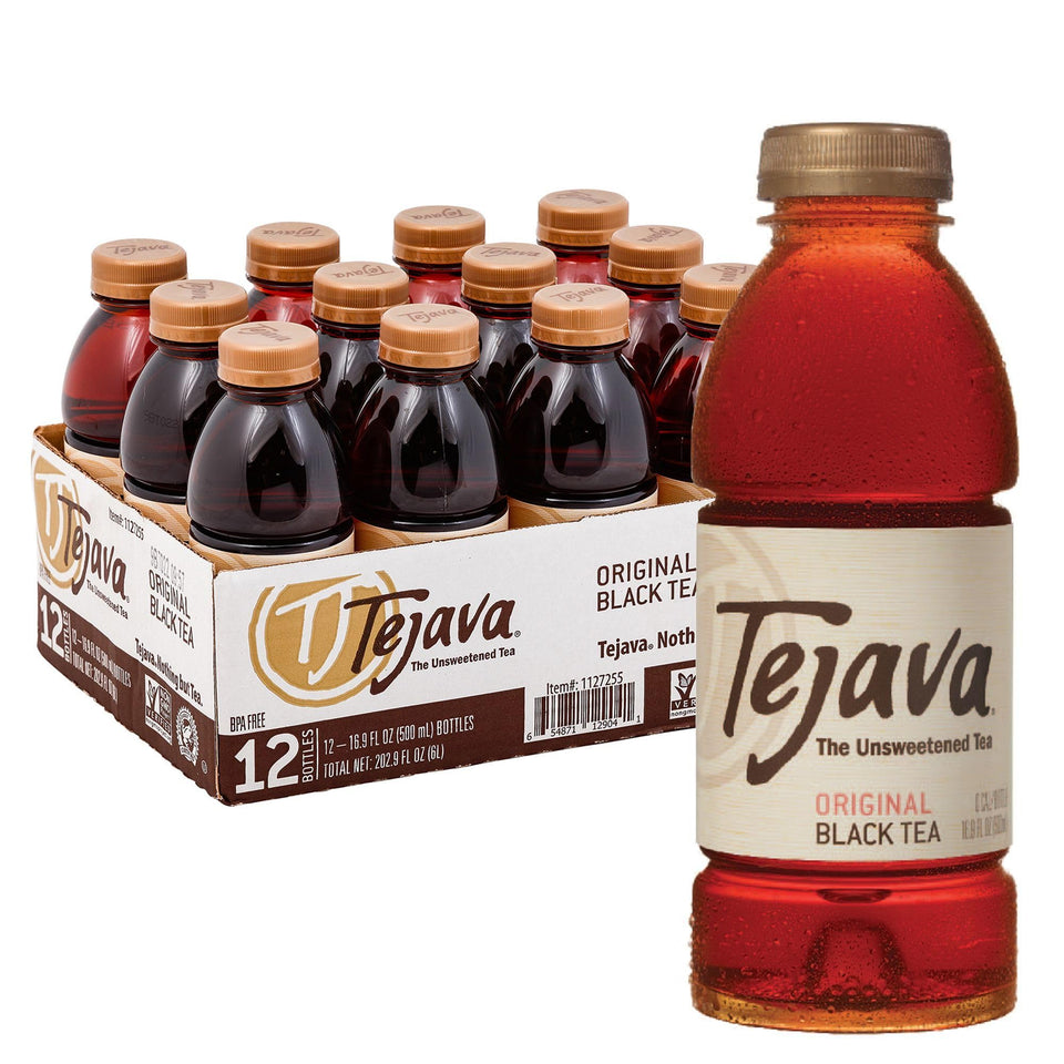 Tejava Original Black Tea bottle front view, unsweetened and refreshing for daily hydration.