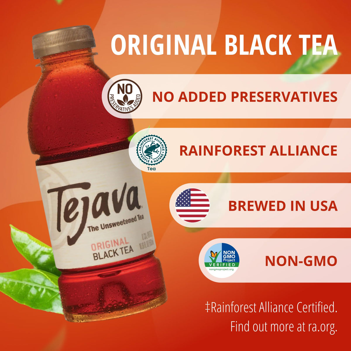 Tejava Original Black Tea pour into glass, bold flavor with a crisp citrus finish.