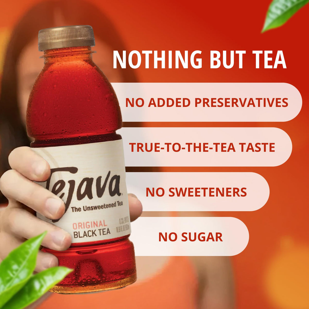 Tejava bottle with sustainability seals signaling eco-friendly sourcing and quality.