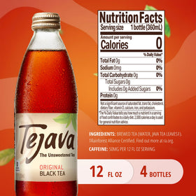 Tejava Original bottle label Non-GMO and Rainforest Alliance certification for sustainability.