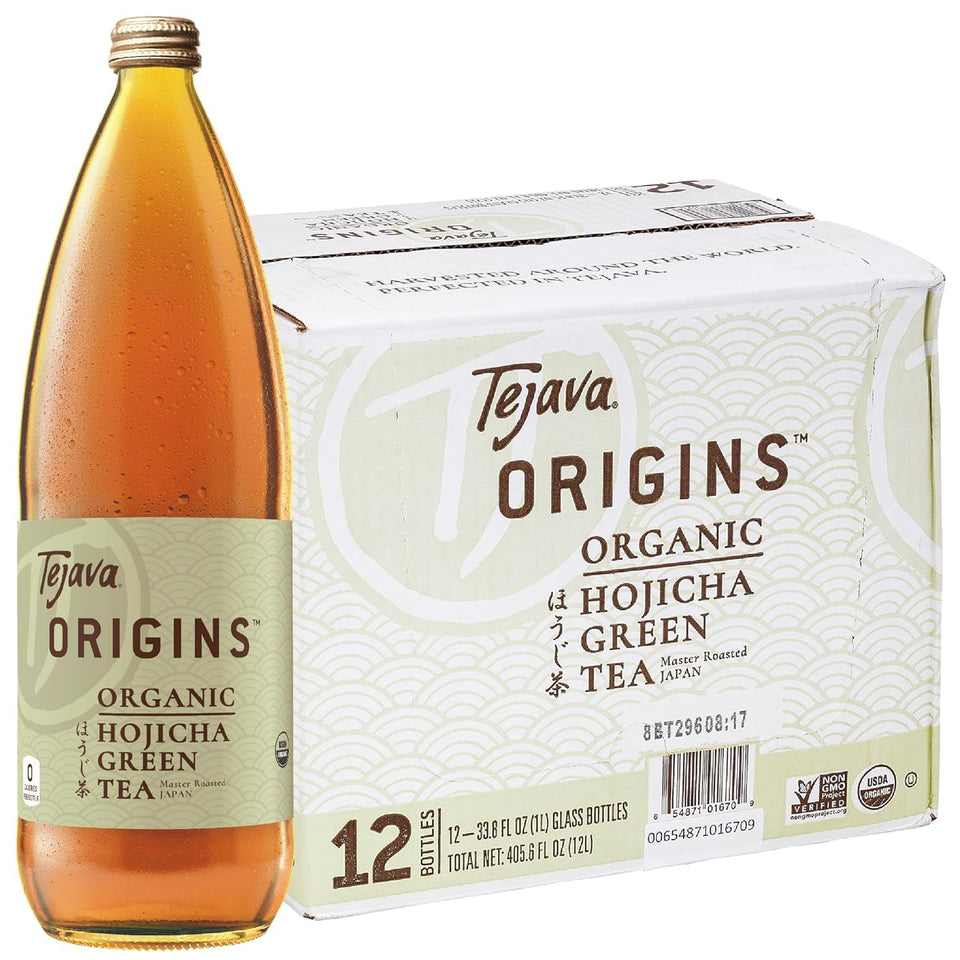 Tejava Origins Hojicha Green Tea bottle 1L—unsweetened, rich roasted flavor for refreshment