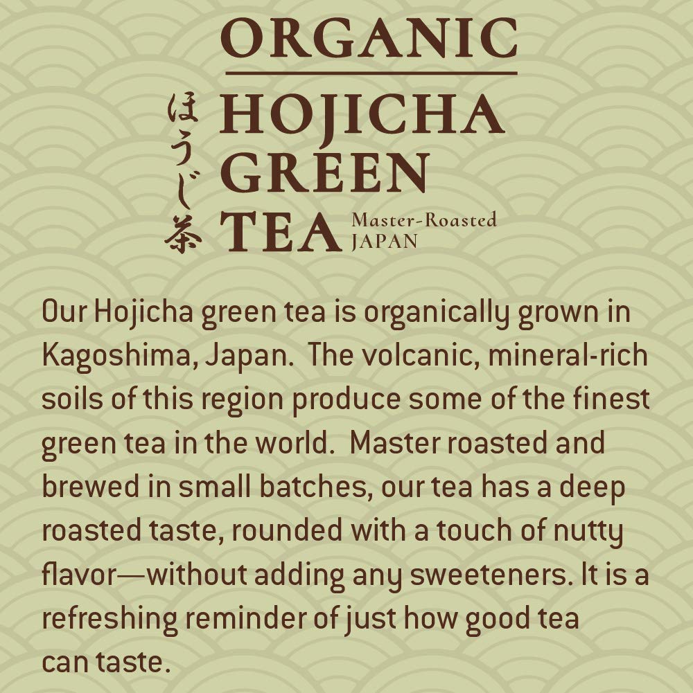 Tejava Origins Hojicha Green Tea label closeup—premium organic tea from Kagoshima