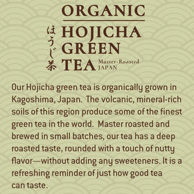 Tejava Origins Hojicha Green Tea label closeup—premium organic tea from Kagoshima