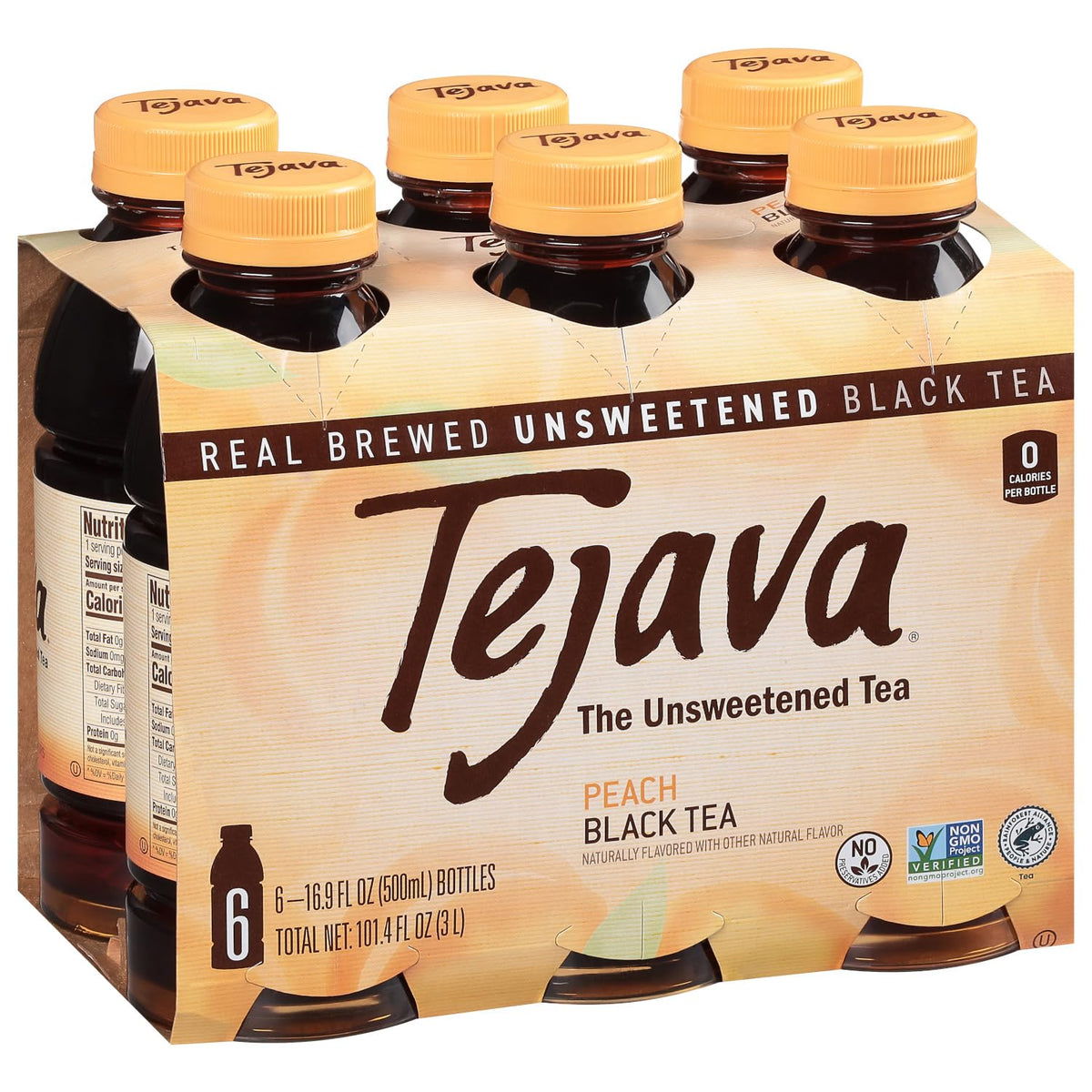 Tejava Peach Black Tea 6-pack bottles — unsweetened, zero calories, perfect on-the-go refreshment.