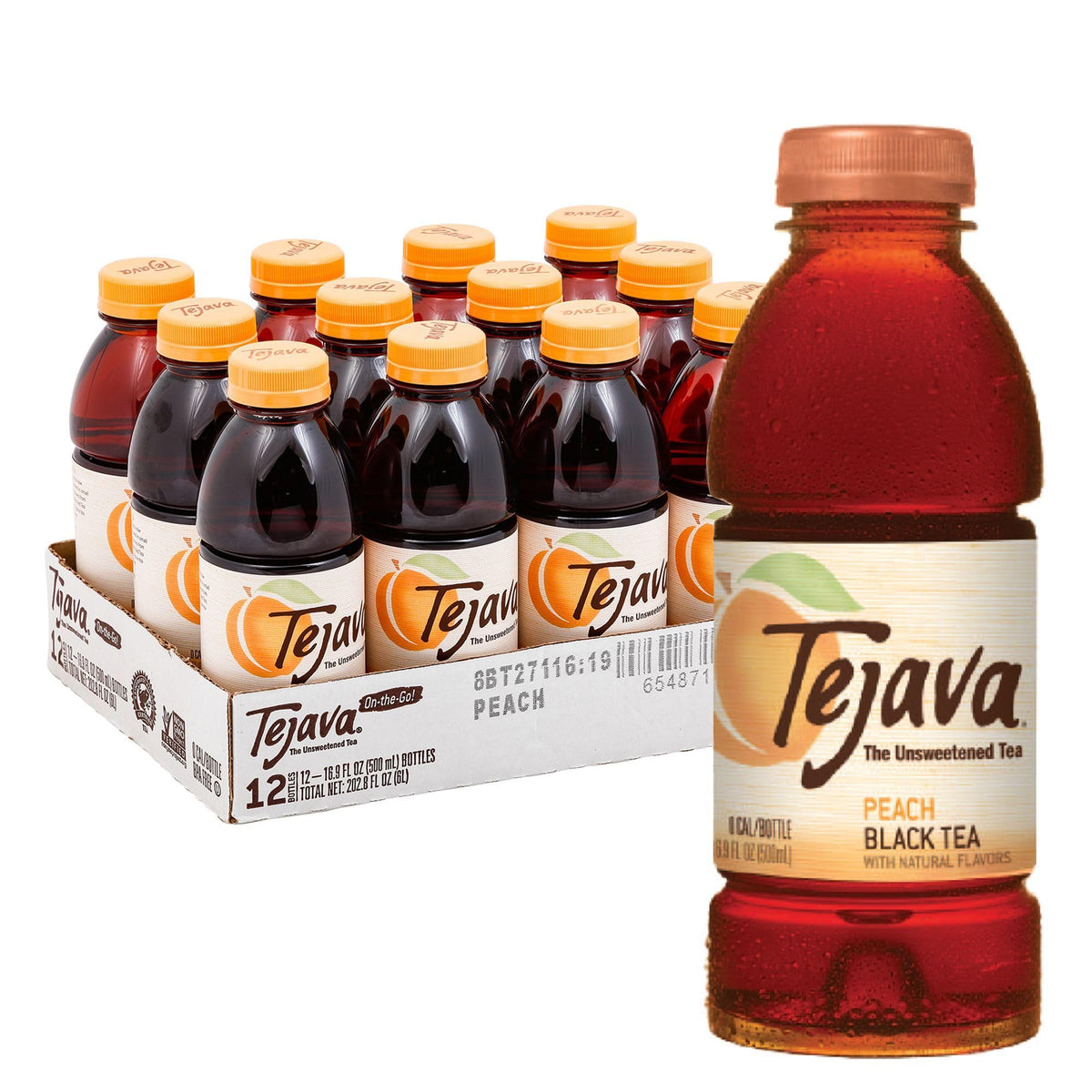 Tejava Peach Iced Tea bottle front view highlighting crisp refreshment