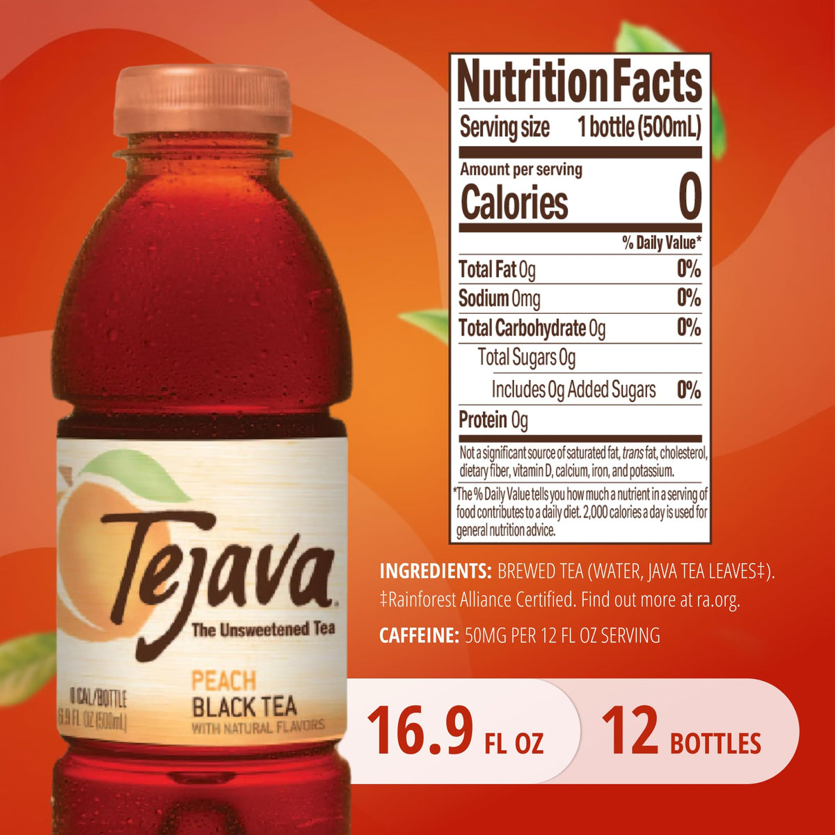 Tejava Peach Iced Tea label close-up showing unsweetened profile
