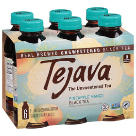 Tejava Pineapple Mango bottle from a 6-pack, refreshing unsweetened tea for anytime refreshment.