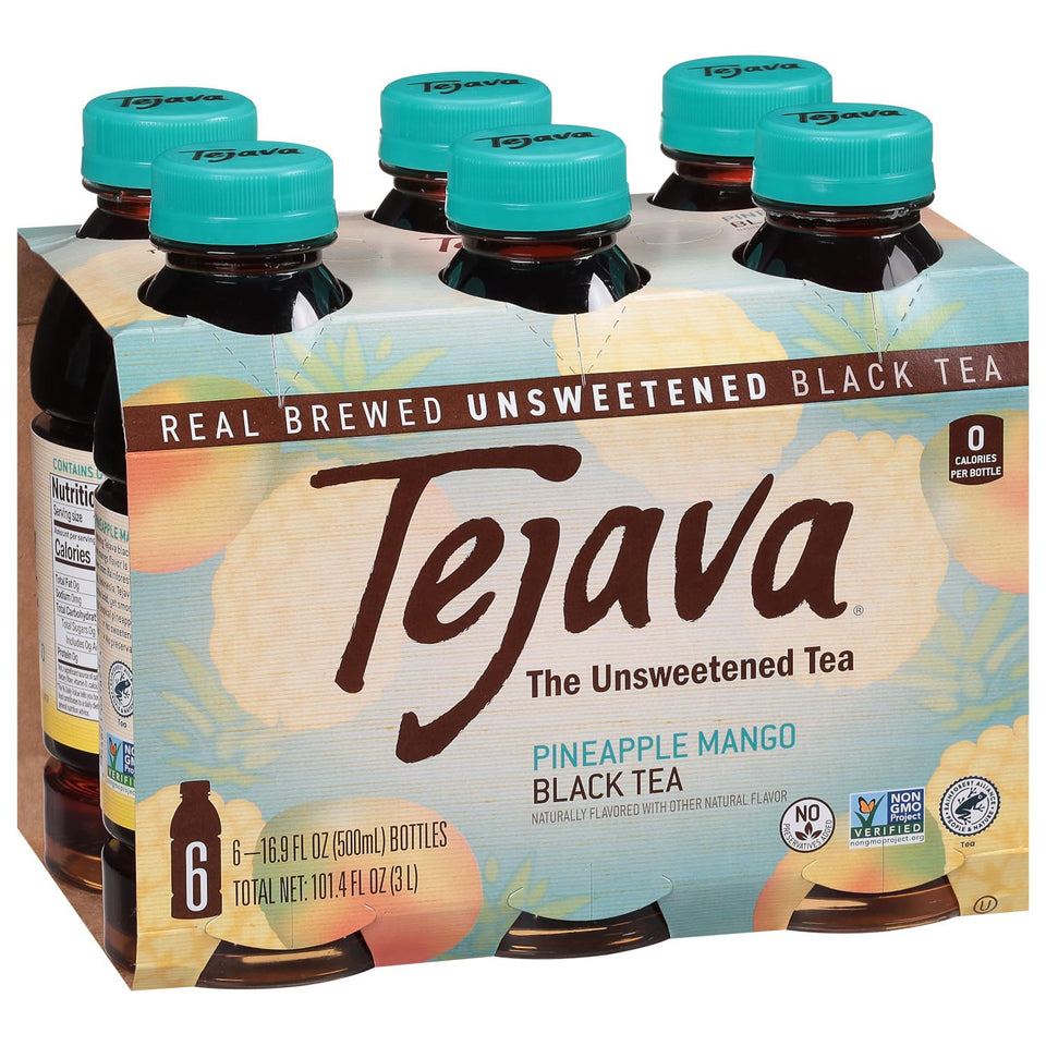 Tejava Pineapple Mango bottle from a 6-pack, refreshing unsweetened tea for anytime refreshment.