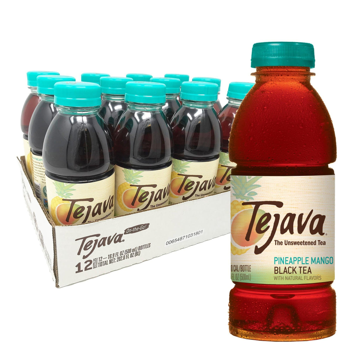 Tejava Pineapple Mango Tea bottle front ready for on-the-go refreshment