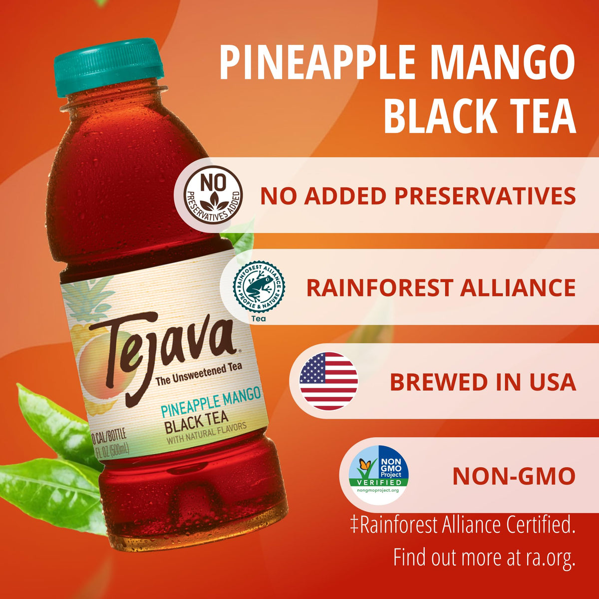 Tejava Pineapple Mango Tea label closeup emphasizes non-GMO and sustainable sourcing