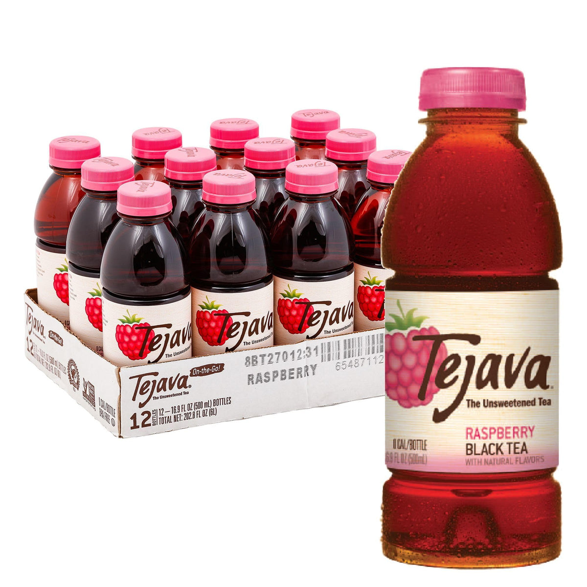 Tejava Raspberry Black Tea bottle front, unsweetened refreshment.