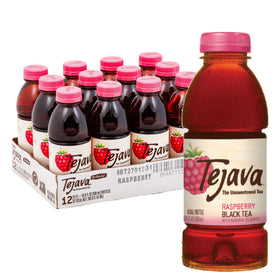 Tejava Raspberry Black Tea bottle front, unsweetened refreshment.