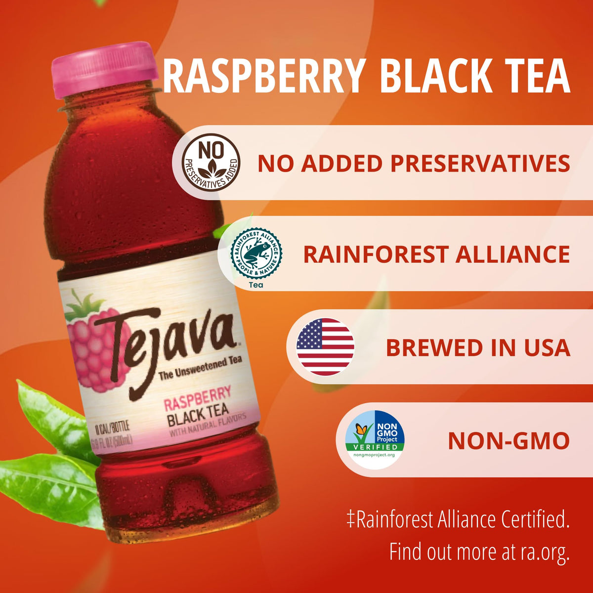Close-up of Tejava Raspberry Black Tea label highlighting unsweetened premium quality
