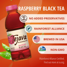 Close-up of Tejava Raspberry Black Tea label highlighting unsweetened premium quality
