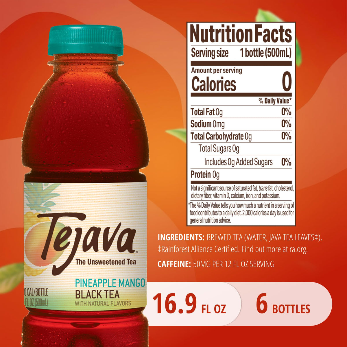 Tejava unsweetened Pineapple Mango tea bottle showing zero calories and no added sugar.