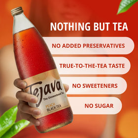 Pouring Tejava Peach Tea into a glass reveals bold flavor