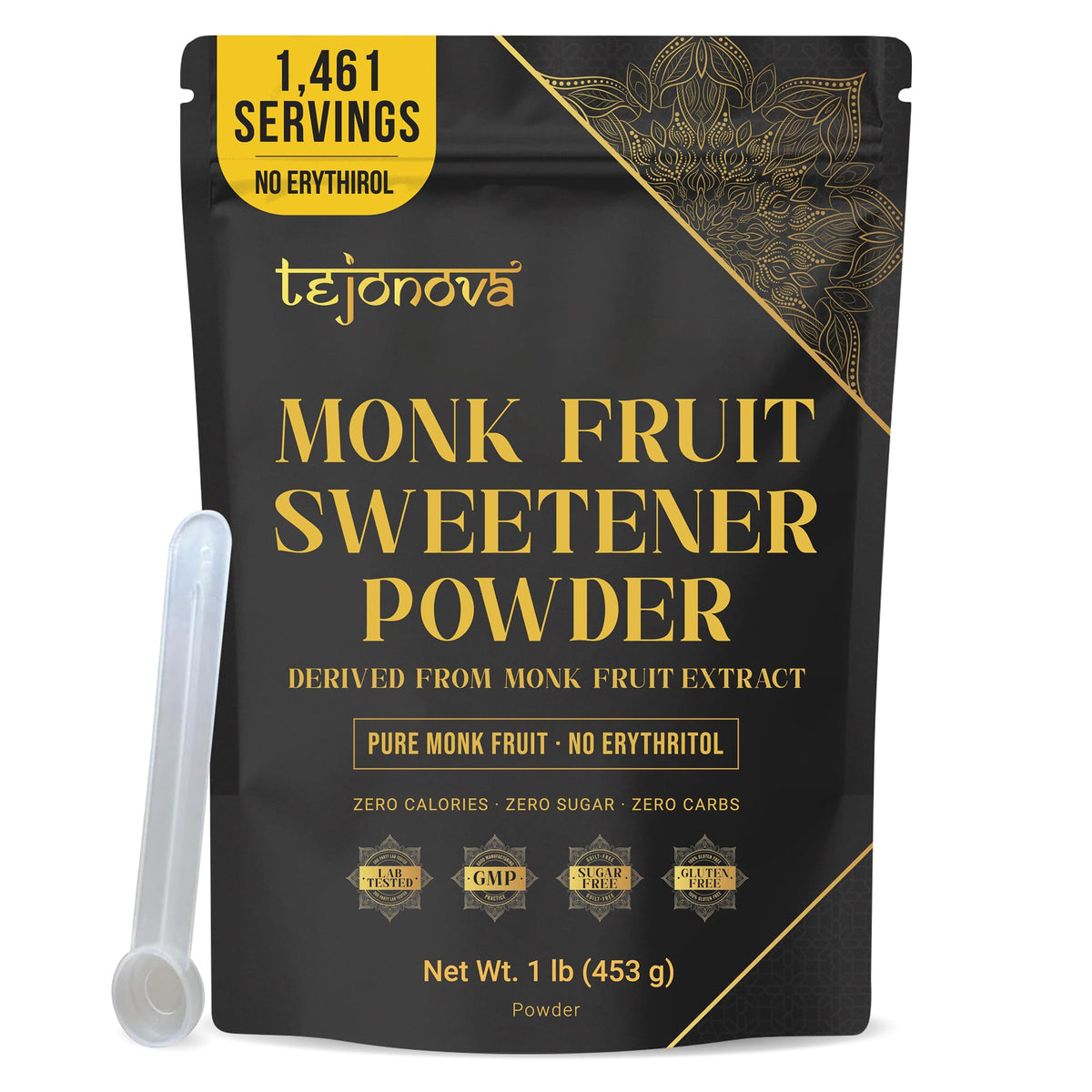 Tejonova Monk Fruit Extract Powder packaging front shows pure, zero-calorie sweetness.
