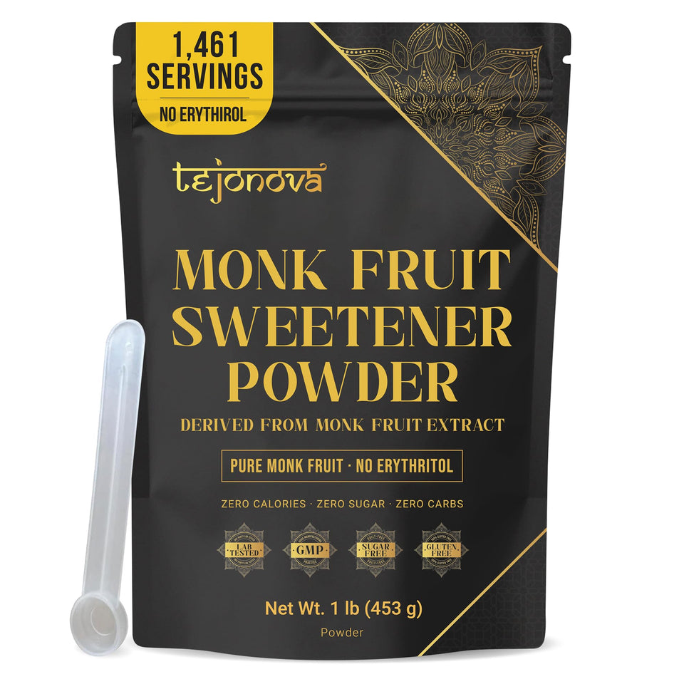 Tejonova Monk Fruit Extract Powder packaging front shows pure, zero-calorie sweetness.