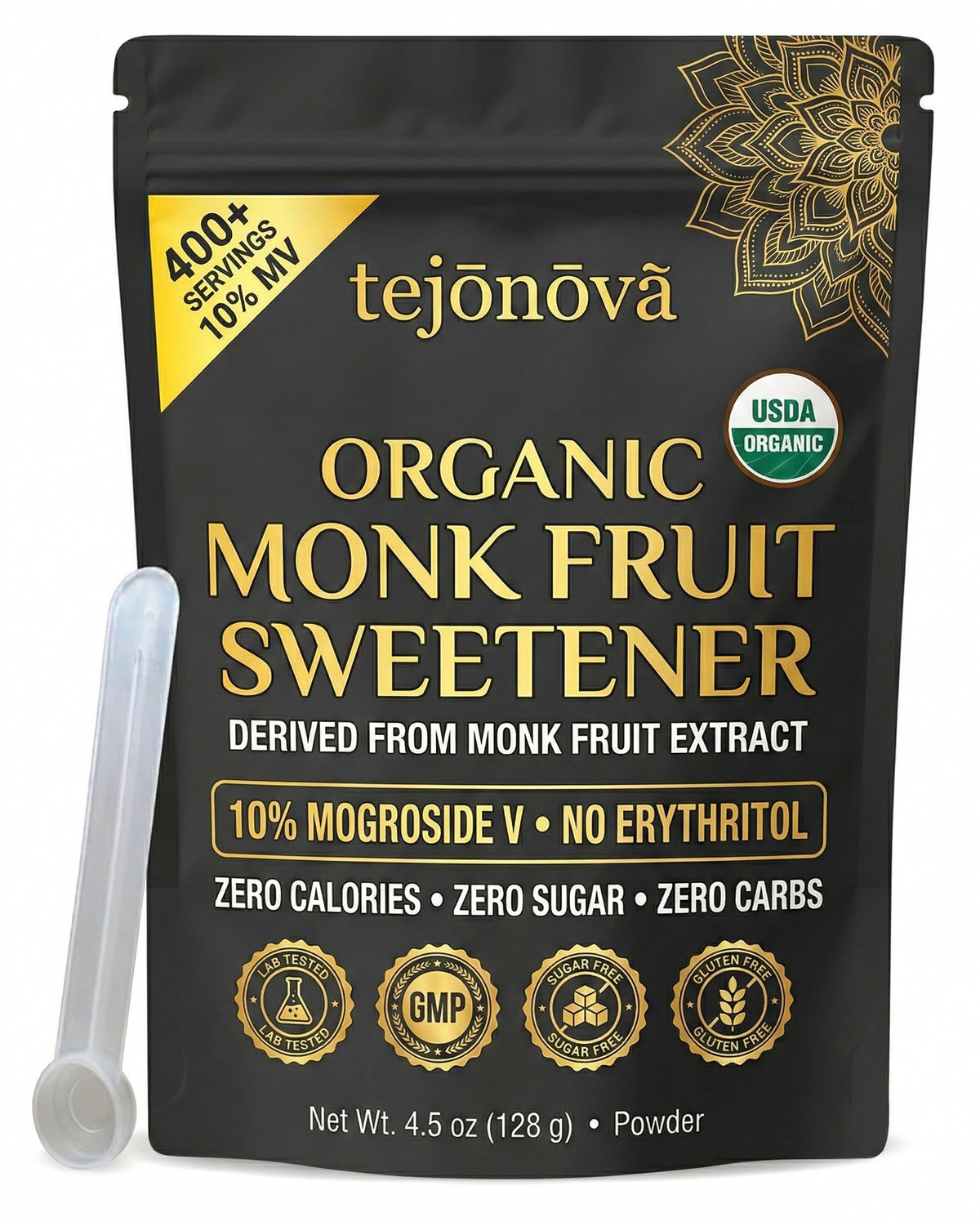 Tejonova monk fruit powder bottle front, zero-calorie sweetness for coffee, tea, and baking.