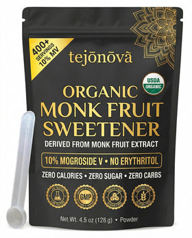 Tejonova monk fruit powder bottle front, zero-calorie sweetness for coffee, tea, and baking.