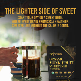 Tejonova No-Erythritol Monk Fruit Sweetener bottle offers clean sugar substitute.