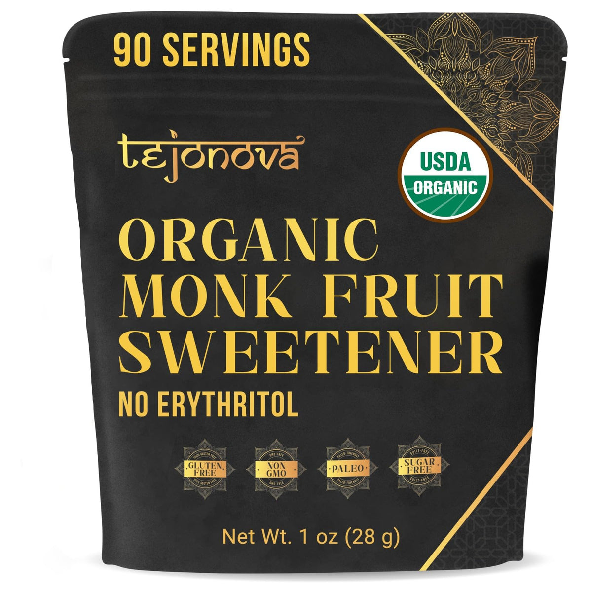 Tejonova Organic Monk Fruit Extract Powder bottle showcases pure sweetener ideal for keto-friendly cooking.