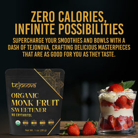 Tejonova Organic Monk Fruit Extract Powder Jar emphasizes calorie-free sweetness options.