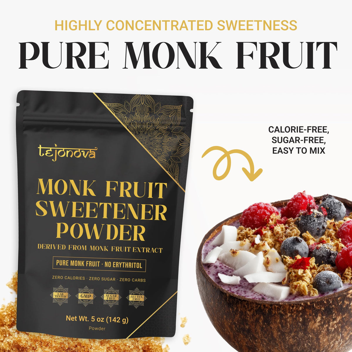 Tejonova dissolve-ready monk fruit in warm liquid for easy mixing