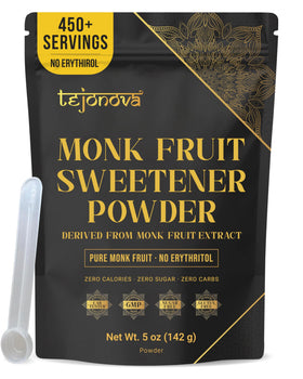 Tejonova Pure Monk Fruit Sweetener packshot showing zero calories for keto use