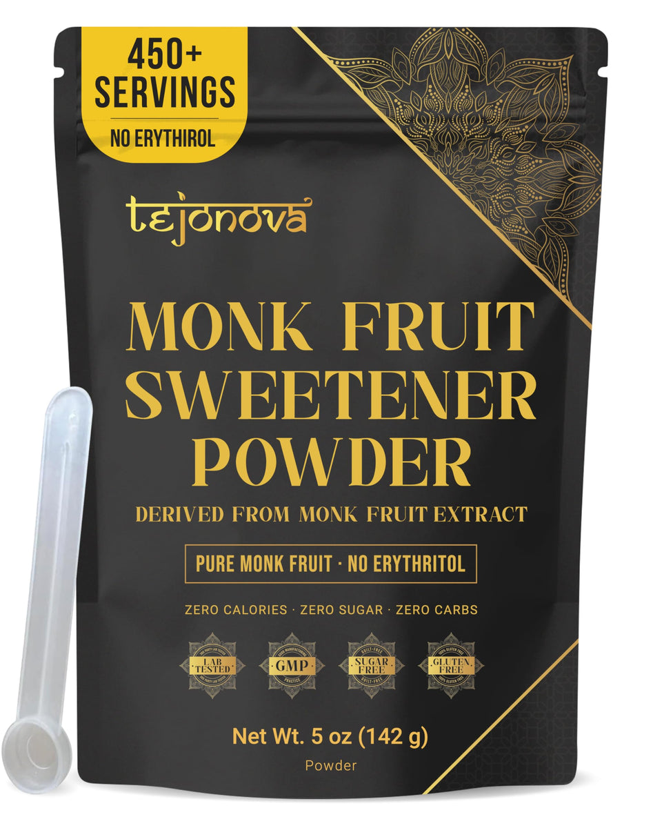 Tejonova Pure Monk Fruit Sweetener packshot showing zero calories for keto use
