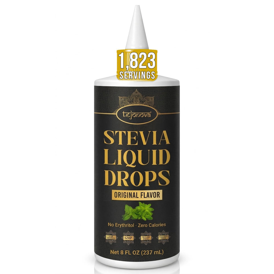 Tejonova Stevia Liquid Drops bottle shown for zero-calorie sweetness in drinks