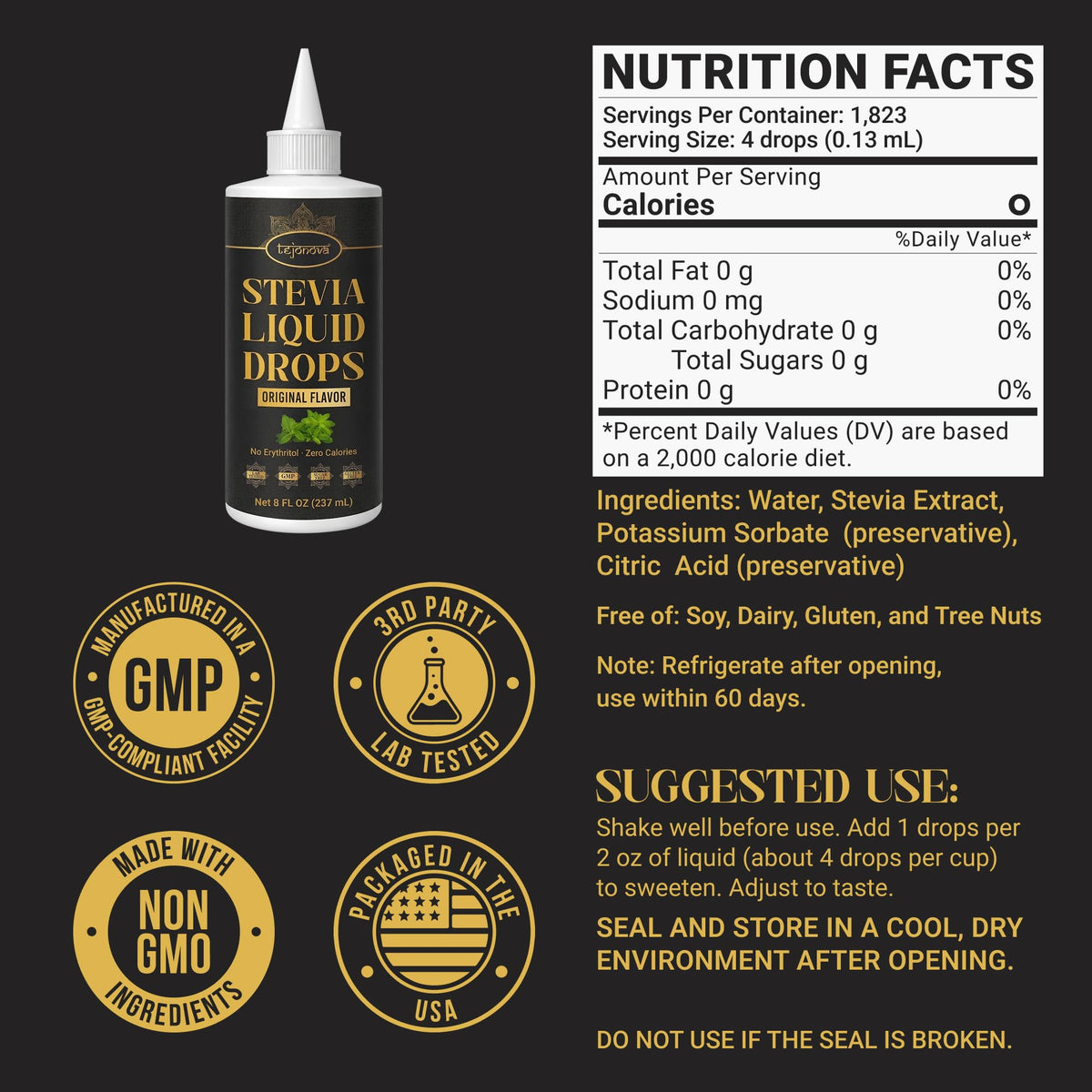 Tejonova Stevia Liquid Drops in a coffee cup for smooth, balanced sweetness