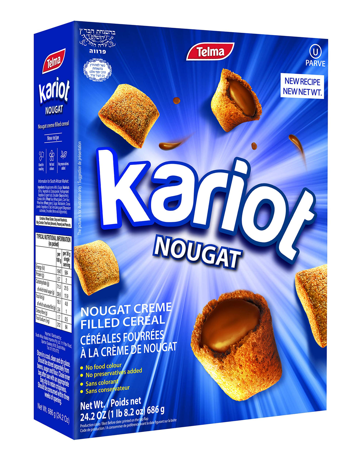 Telma Nougat Creme Filled Kariot cereal in a family-size box, ideal for breakfast with milk or a snack