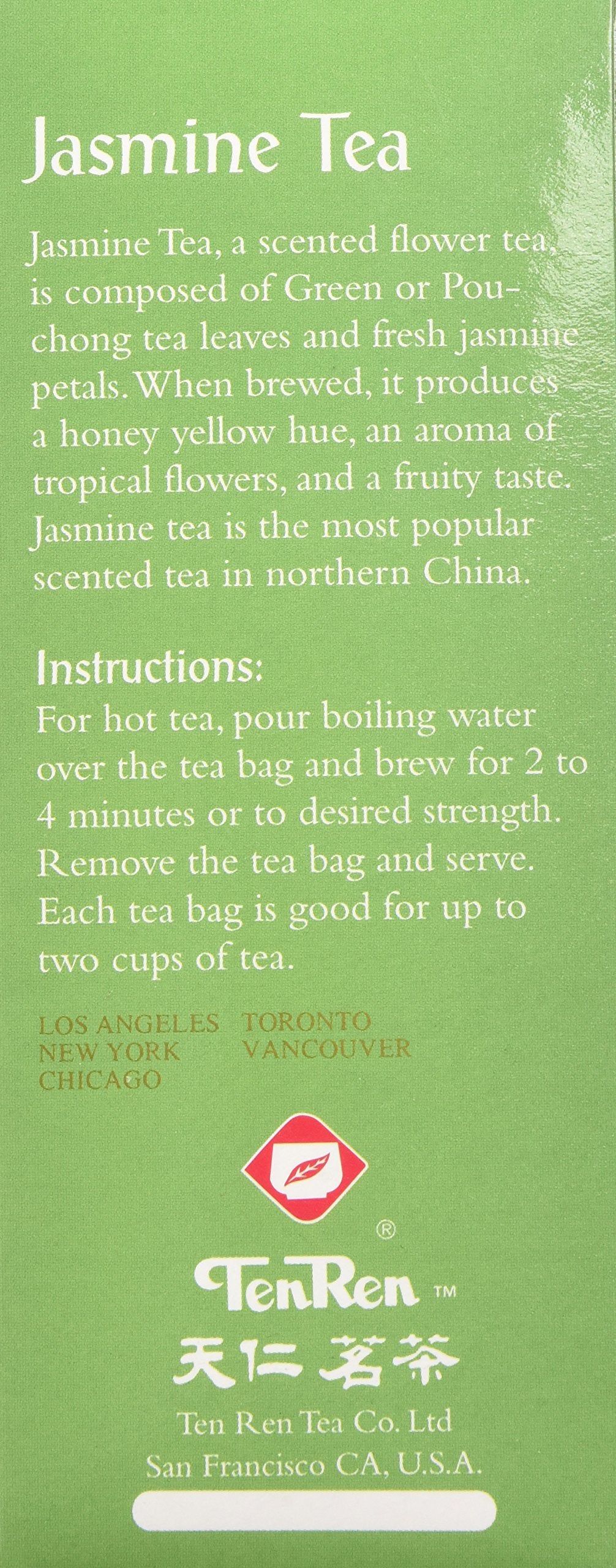 Ten Ren jasmine tea bag cup brew illustrating quick jasmine infusion.