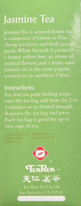 Ten Ren jasmine tea bag cup brew illustrating quick jasmine infusion.