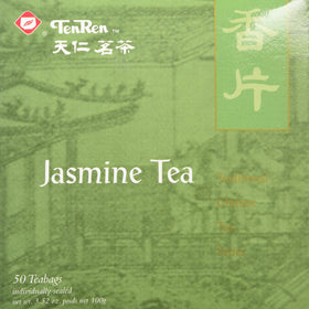 Ten Ren jasmine tea bag petals closeup highlighting jasmine aroma.