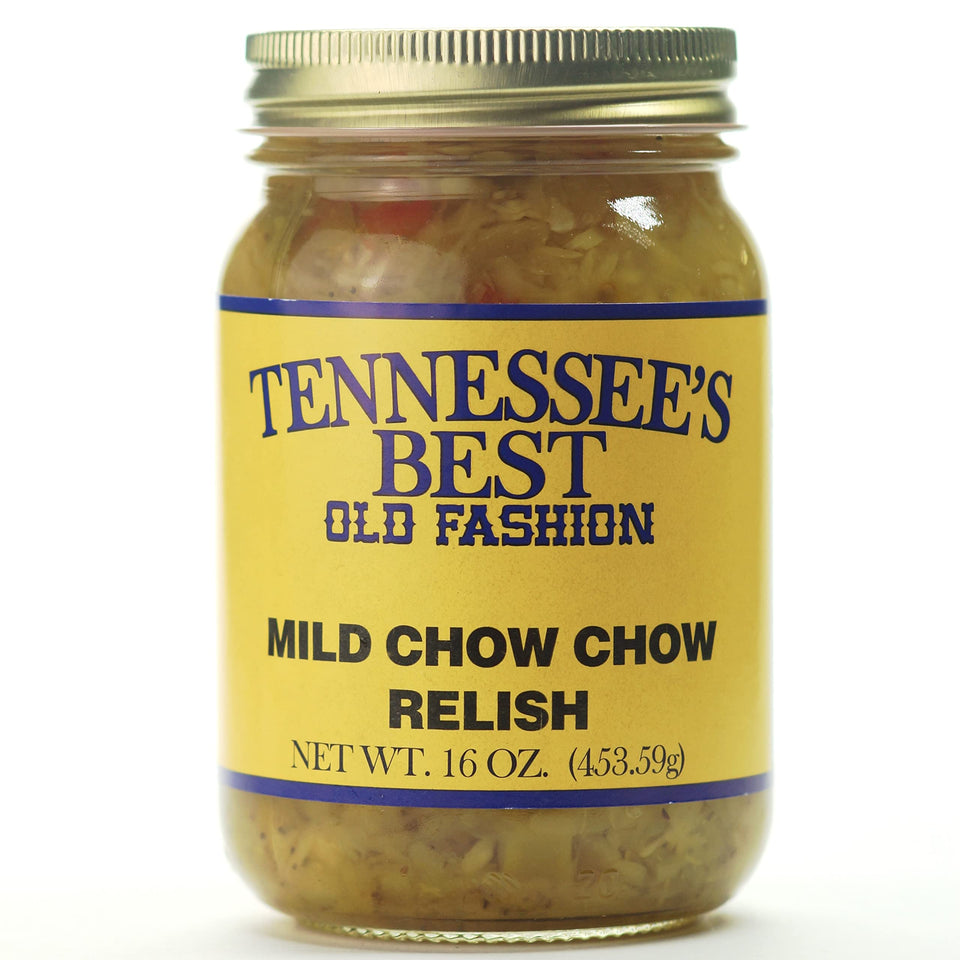 Tennessee's Best Mild Chow Chow Relish jar closeup showing fresh vegetables for a savory bite.