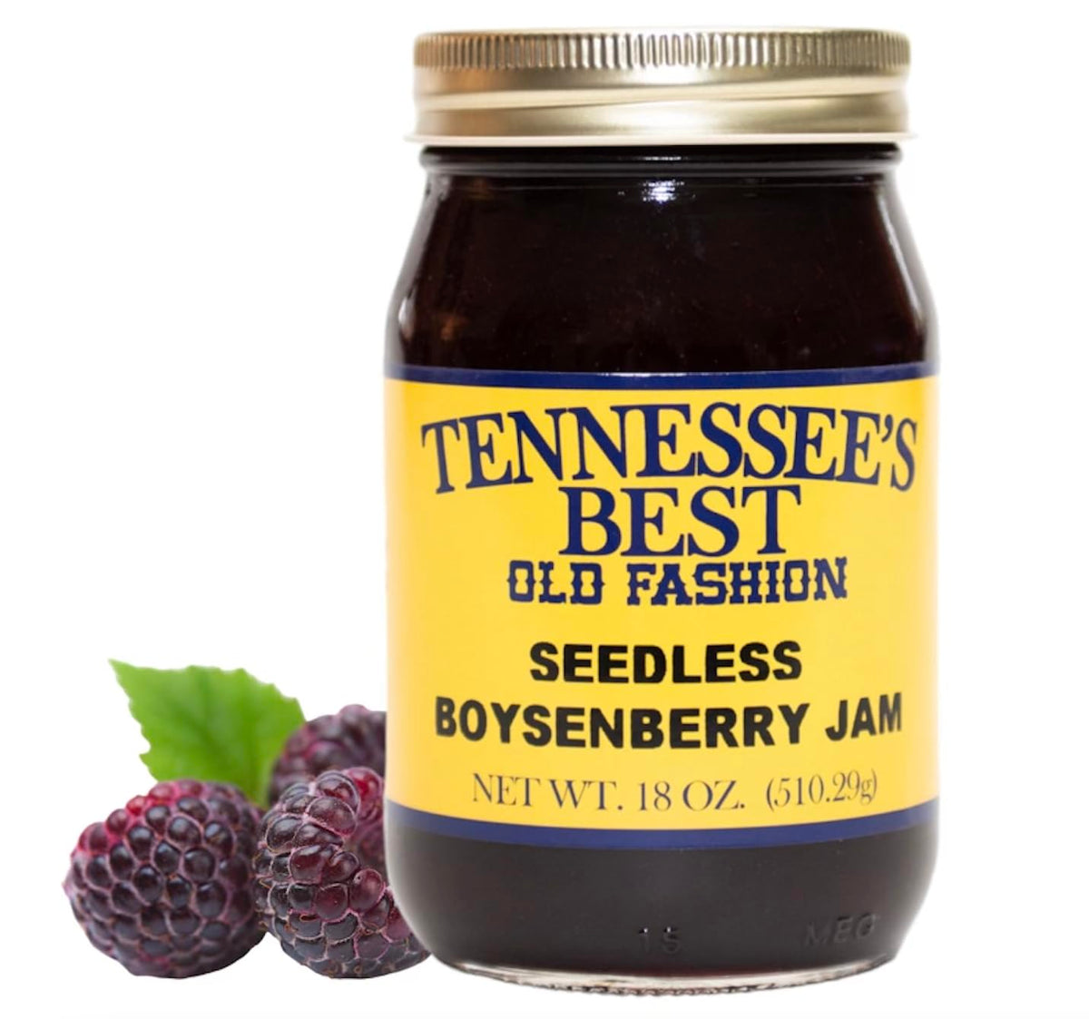 Tennessee's Best jam jar close-up showing seedless boysenberry flavor for effortless mornings