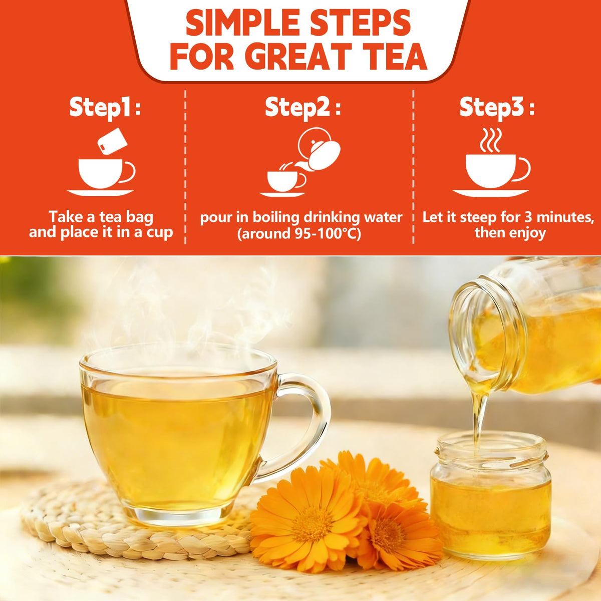 Tenyxarae calendula tea bags close-up flowers showcase caffeine-free floral notes