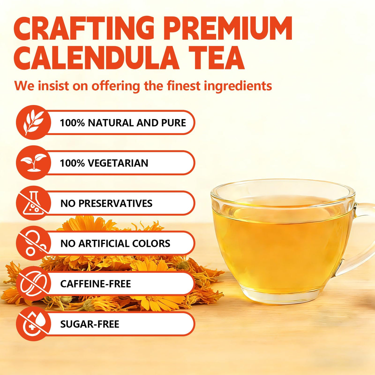 Tenyxarae calendula tea bags in cup yield a warm, golden infusion