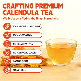 Tenyxarae calendula tea bags in cup yield a warm, golden infusion