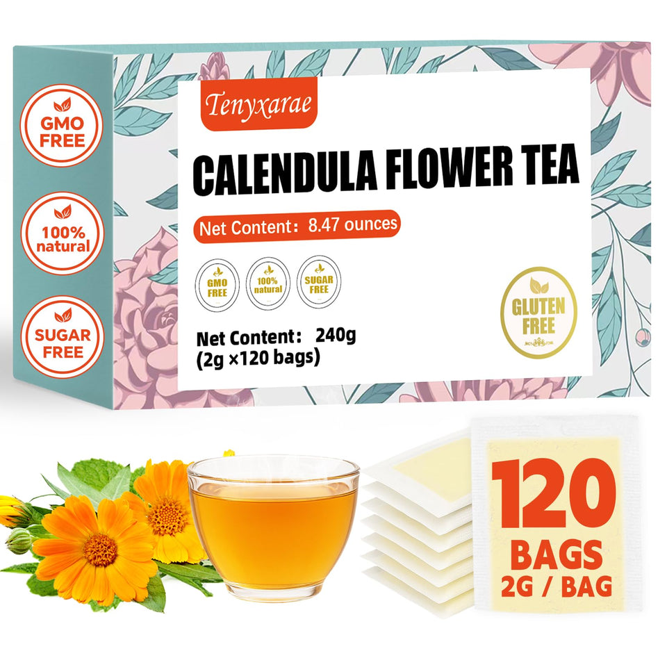 Tenyxarae calendula tea bags packaging shows eco-friendly design and sustainability