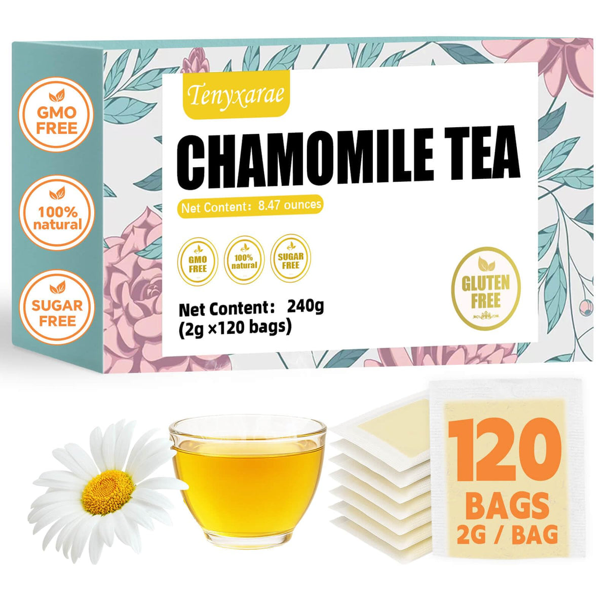 Tenyxarae chamomile tea bags pack offering caffeine-free relaxation in every cup
