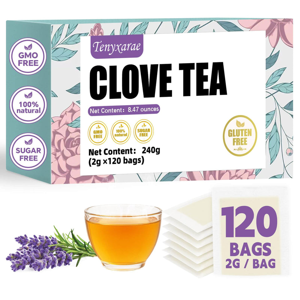 Tenyxarae Clove tea bags packaging shows eco-friendly design for convenient daily use.