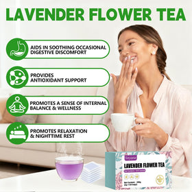 Tenyxarae lavender flower tea bag closeup shows sun-dried petals and vibrant color