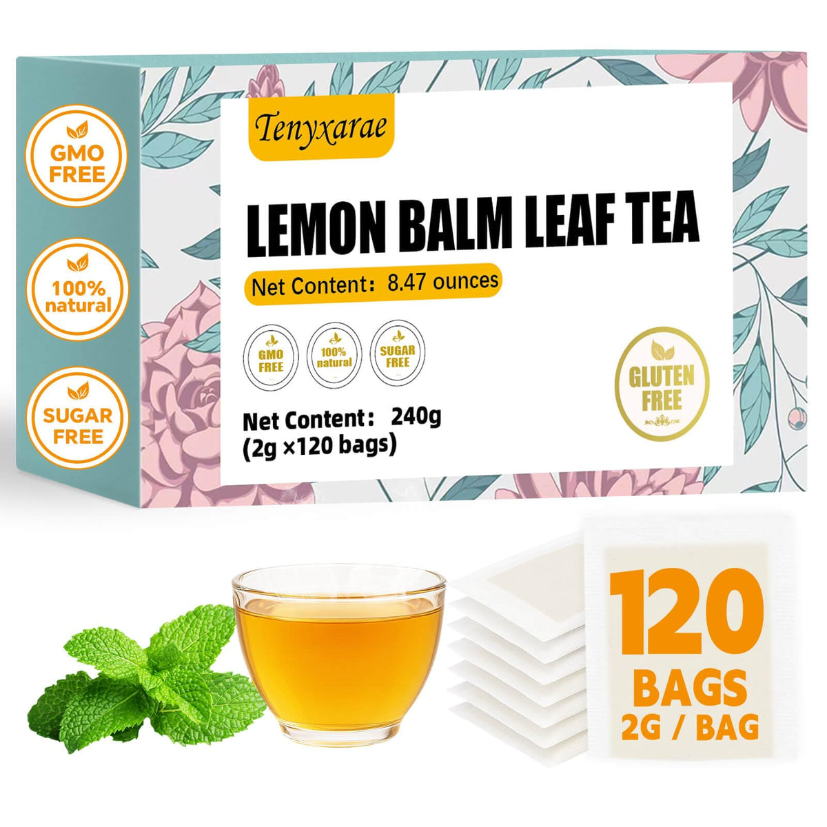 Tenyxarae lemon balm tea bags packaging closeup, showcasing natural ingredients for a calming ritual.