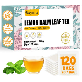 Tenyxarae lemon balm tea bags packaging closeup, showcasing natural ingredients for a calming ritual.