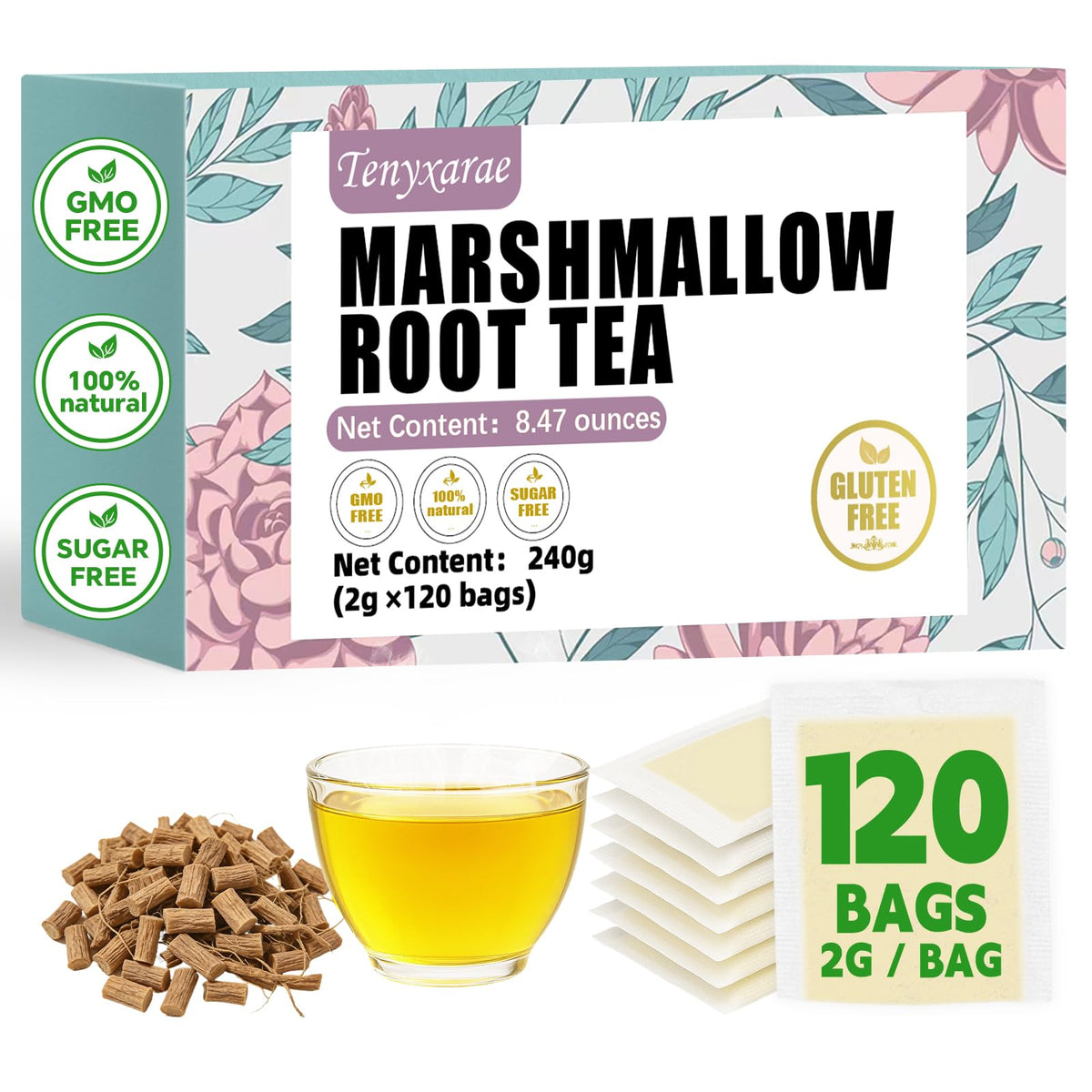 Tenyxarae Marshmallow Root Tea Bags packaging highlights natural ingredients for a calm cup.