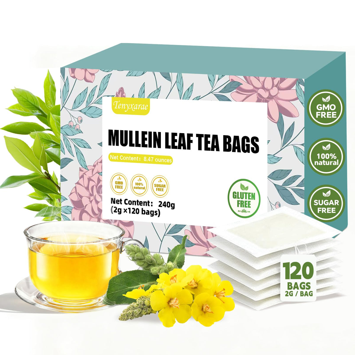 Tenyxarae Mullein Leaf Tea Bags in eco-friendly packaging, convenient caffeine-free herbal option